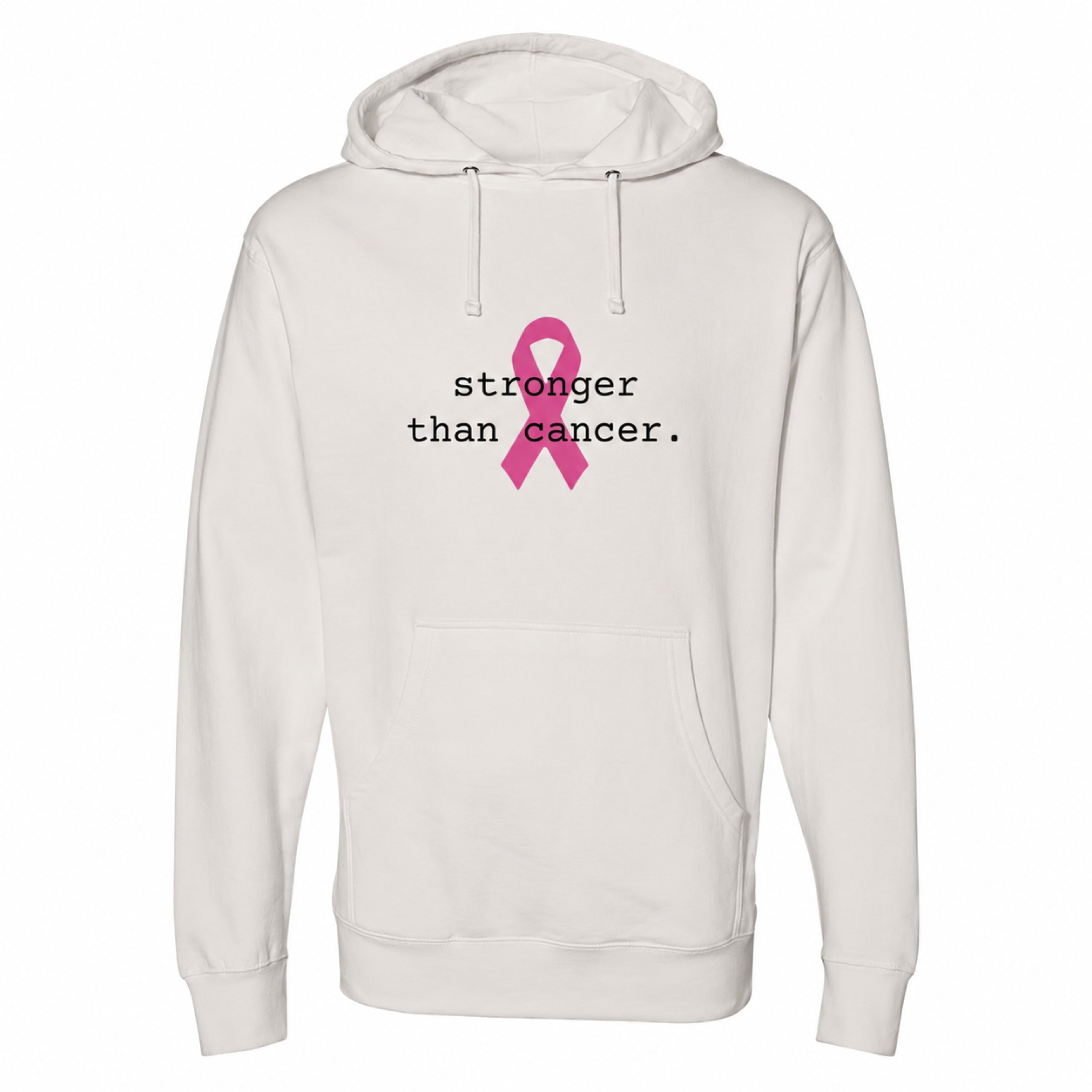 A bone pullover hoodie with a pink awareness ribbon and the text 'stronger than cancer.' printed on the chest, shown against a plain white background.