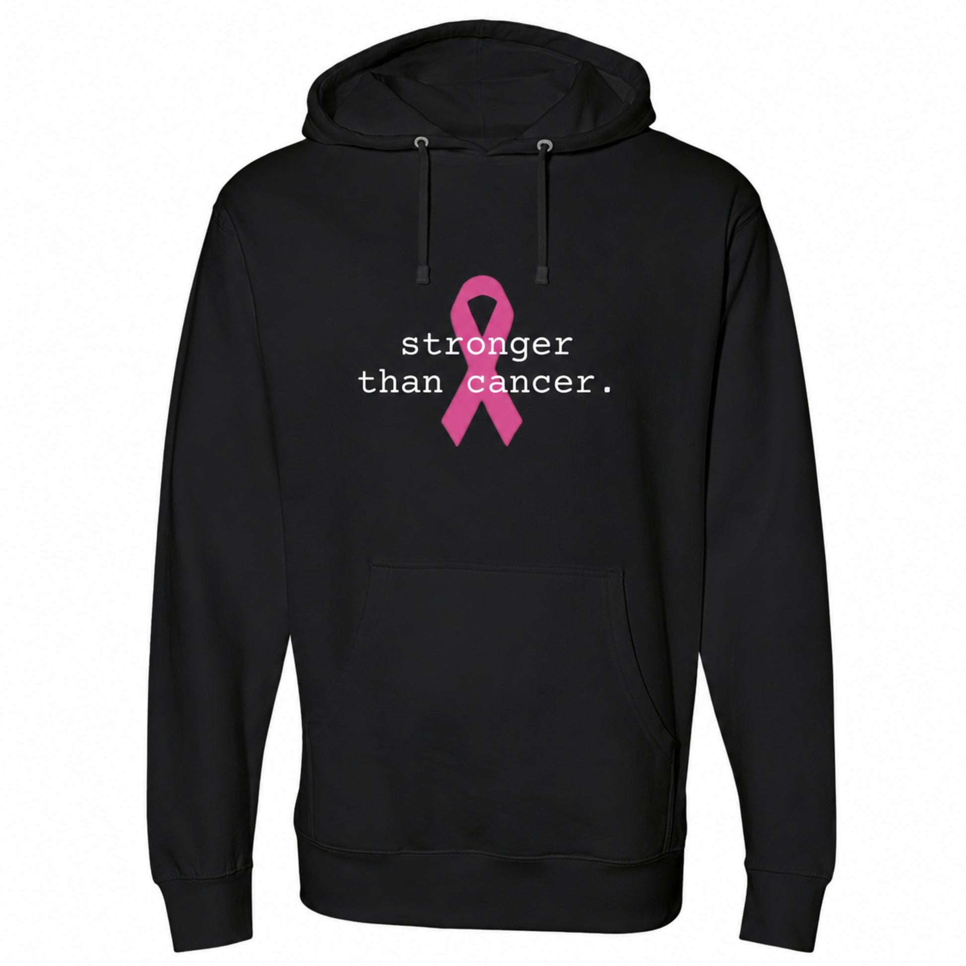 A black pullover hoodie with a pink ribbon graphic and the text 'stronger than cancer.' printed on the chest, shown against a plain white background.
