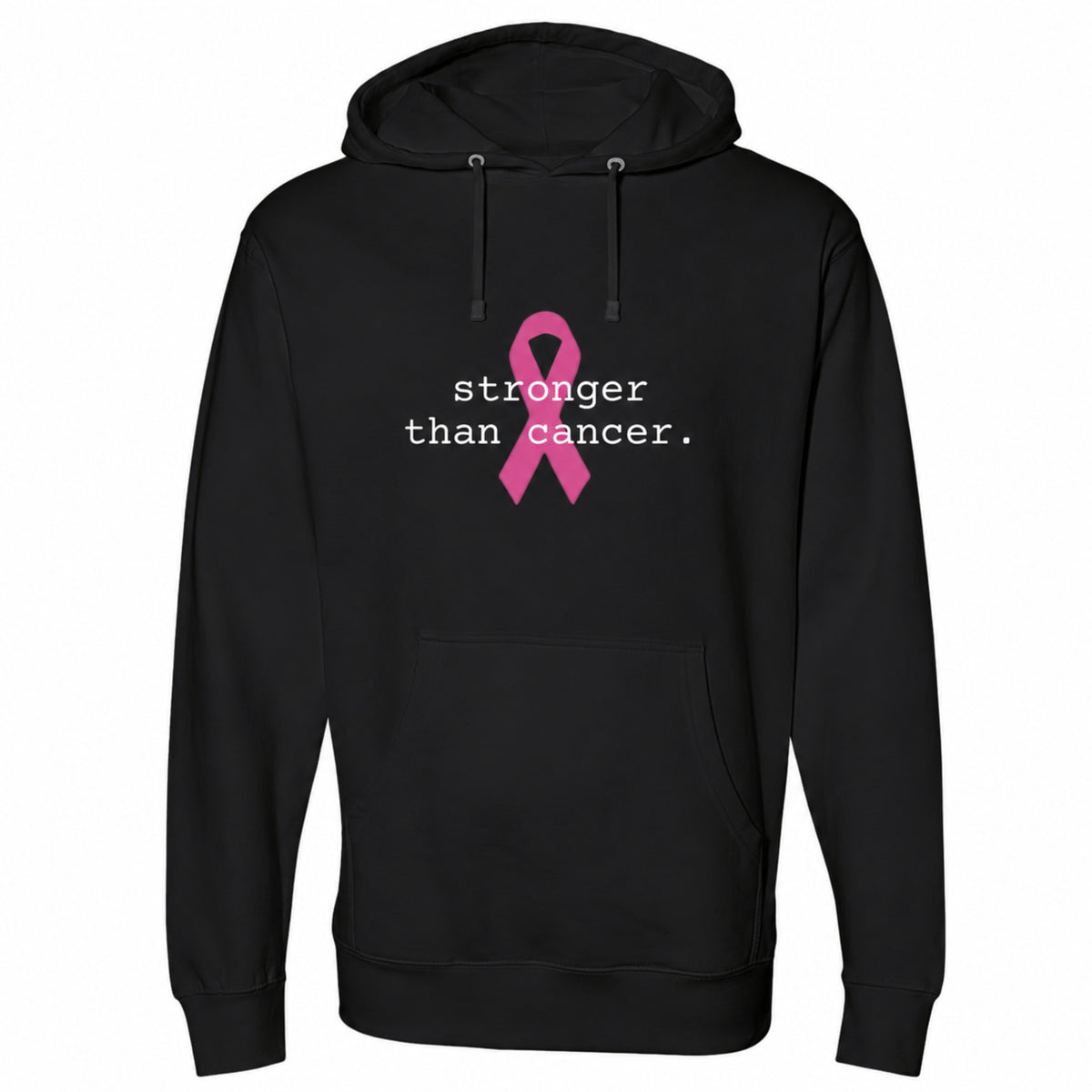 A black pullover hoodie with a pink ribbon graphic and the text 'stronger than cancer.' printed on the chest, shown against a plain white background.