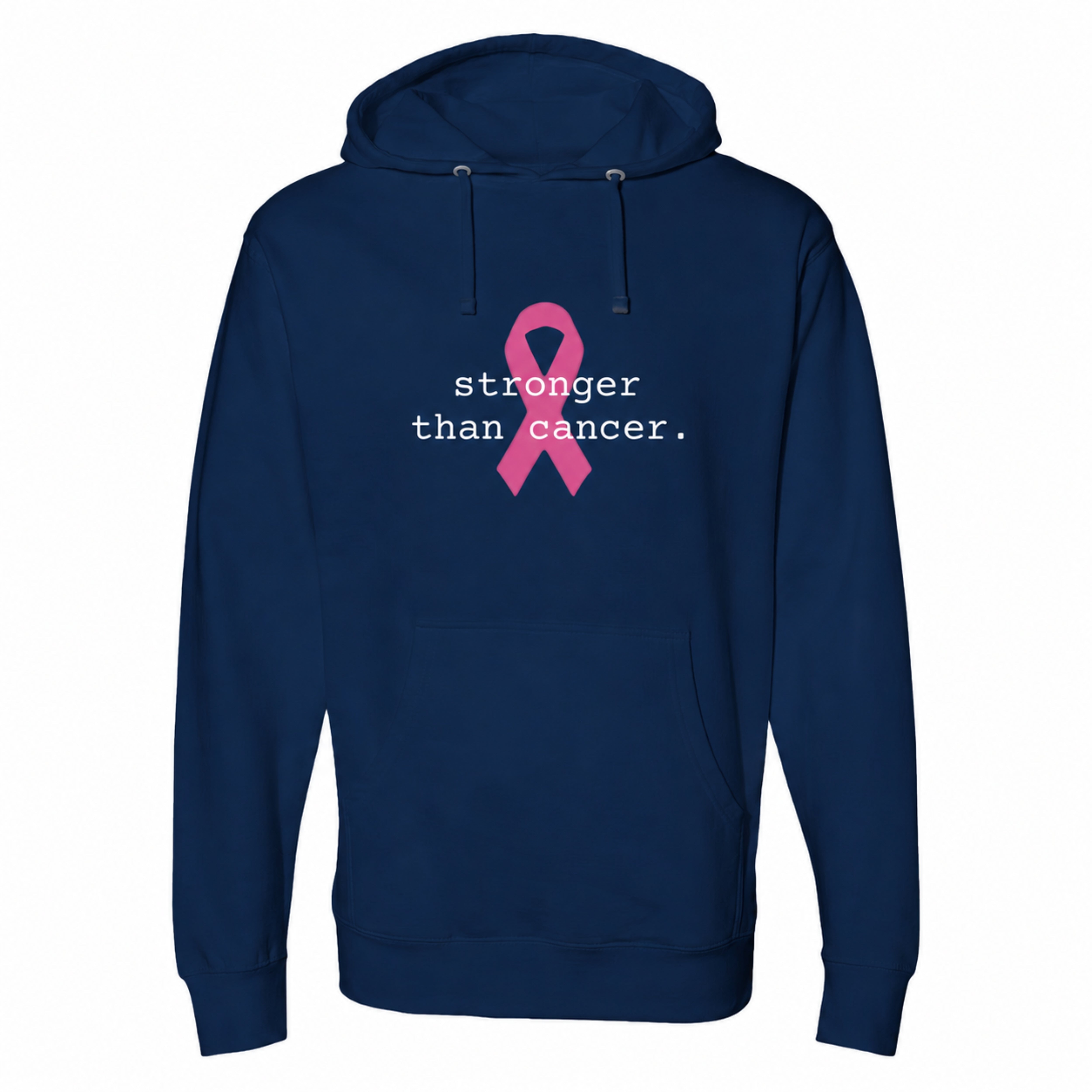 A classic navy blue pullover hoodie with a pink ribbon graphic and the text 'stronger than cancer.' printed on the chest, shown against a plain white background.