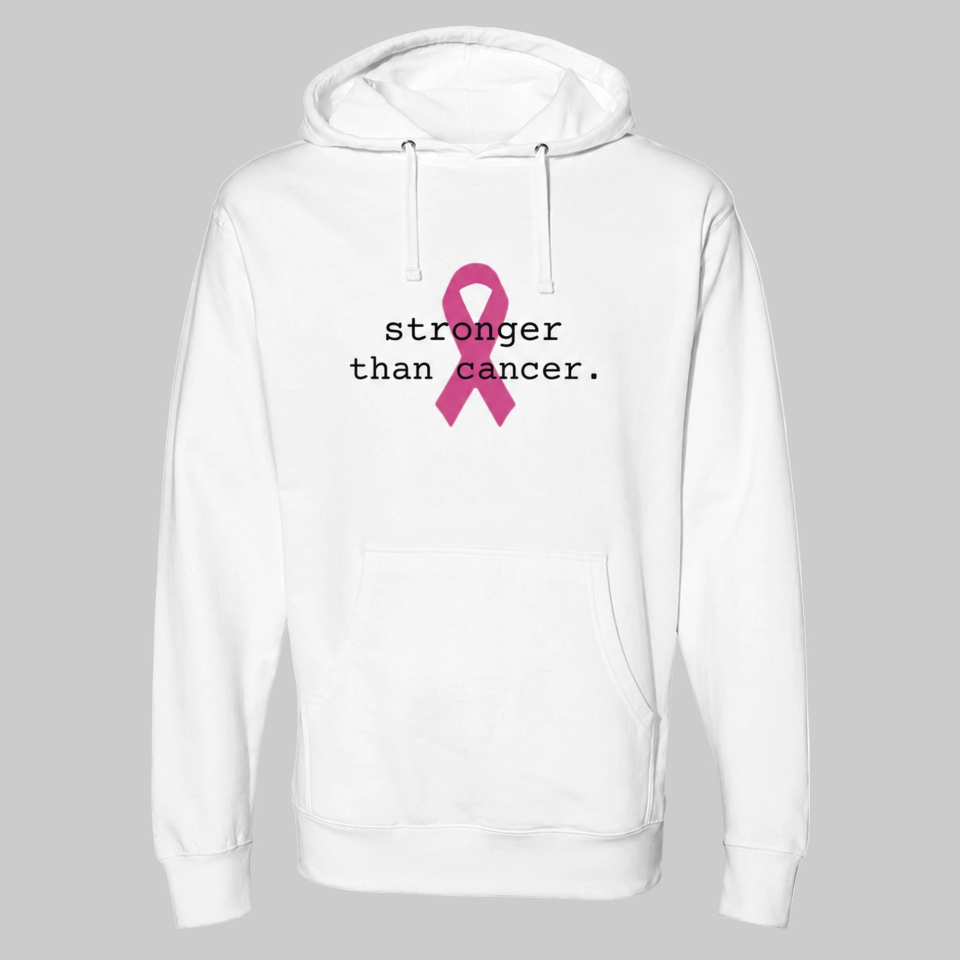 A white pullover hoodie with a pink ribbon graphic and the text 'stronger than cancer.' printed on the chest, shown against a plain warm grey background.