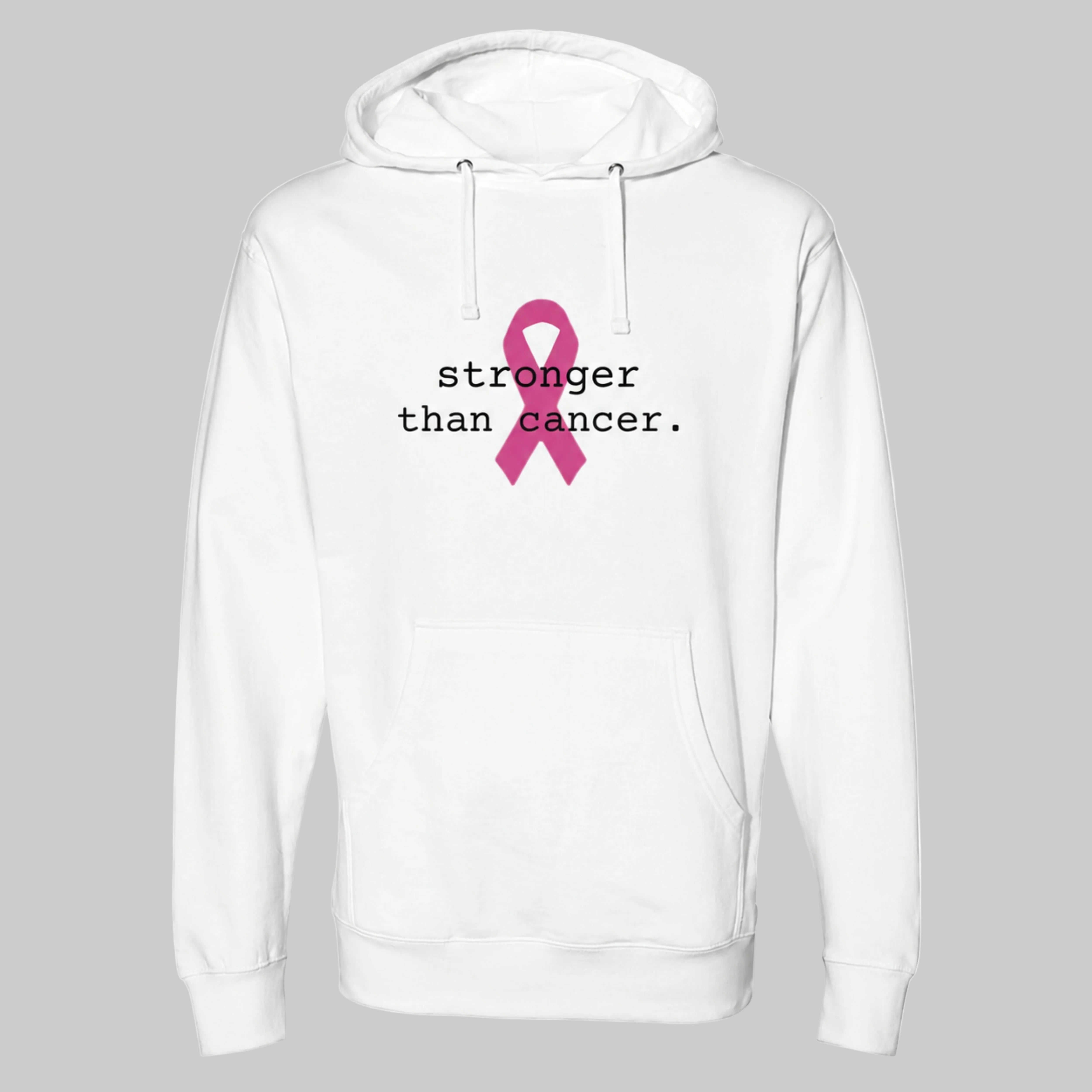 A white pullover hoodie with a pink ribbon graphic and the text 'stronger than cancer.' printed on the chest, shown against a plain warm grey background.