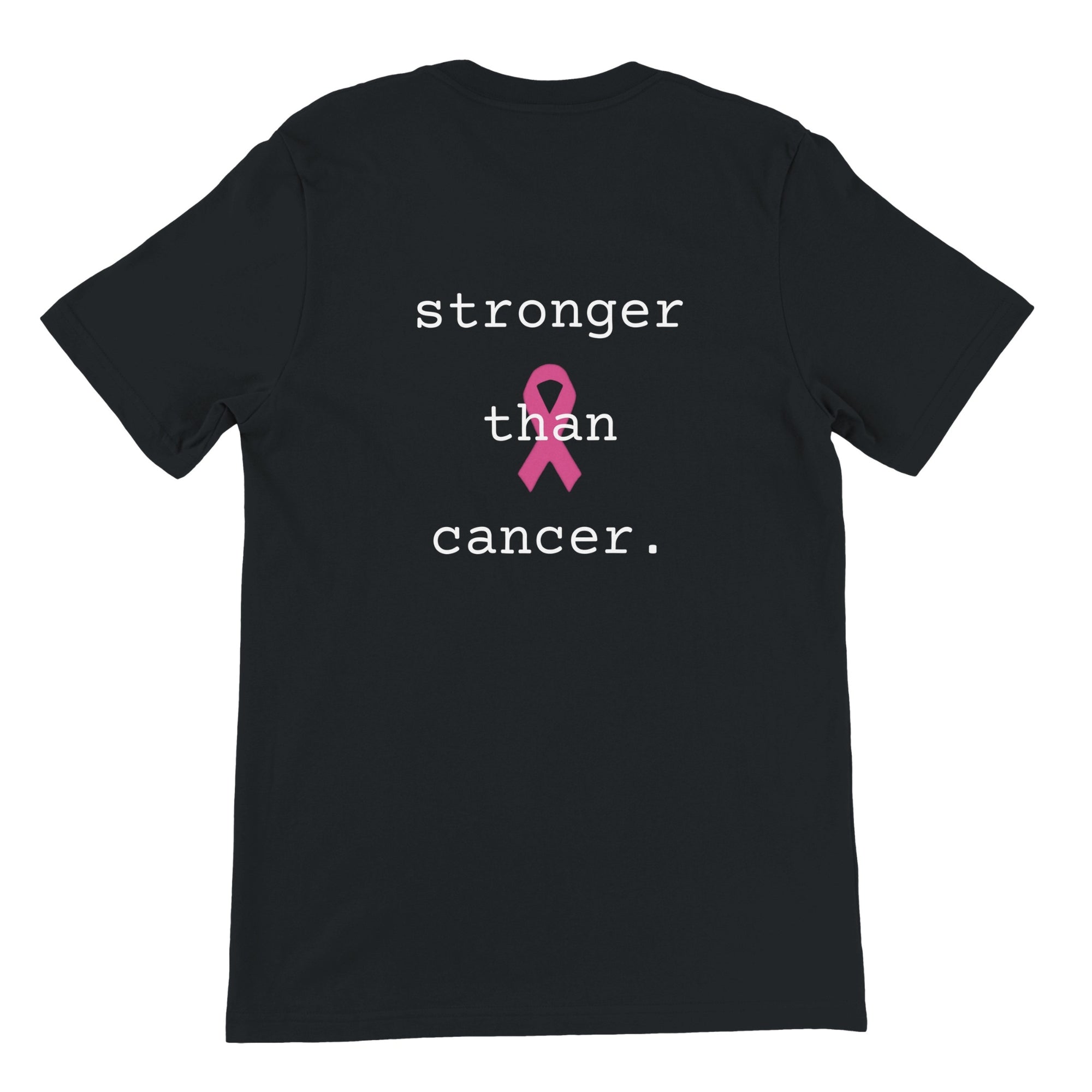 A black short-sleeve t-shirt with a graphic on the front reading 'stronger than cancer.' in white text, featuring a pink awareness ribbon in the center, displayed on a solid white background.