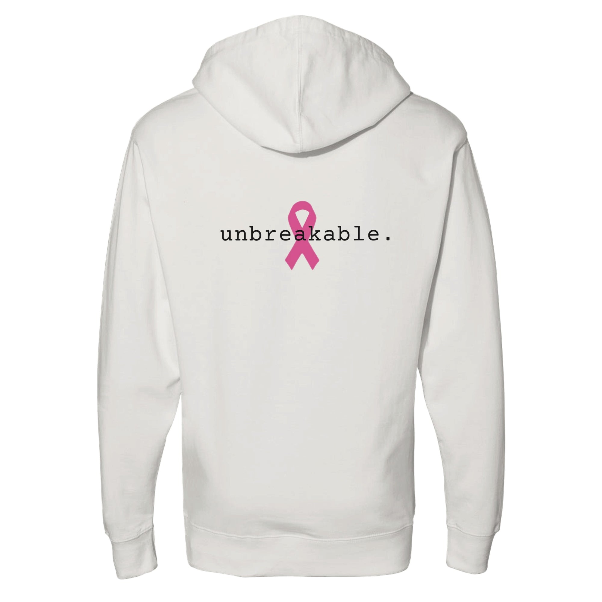 A bone pullover hoodie shown from the back, featuring the word 'unbreakable.' in black lowercase letters next to a pink awareness ribbon graphic.