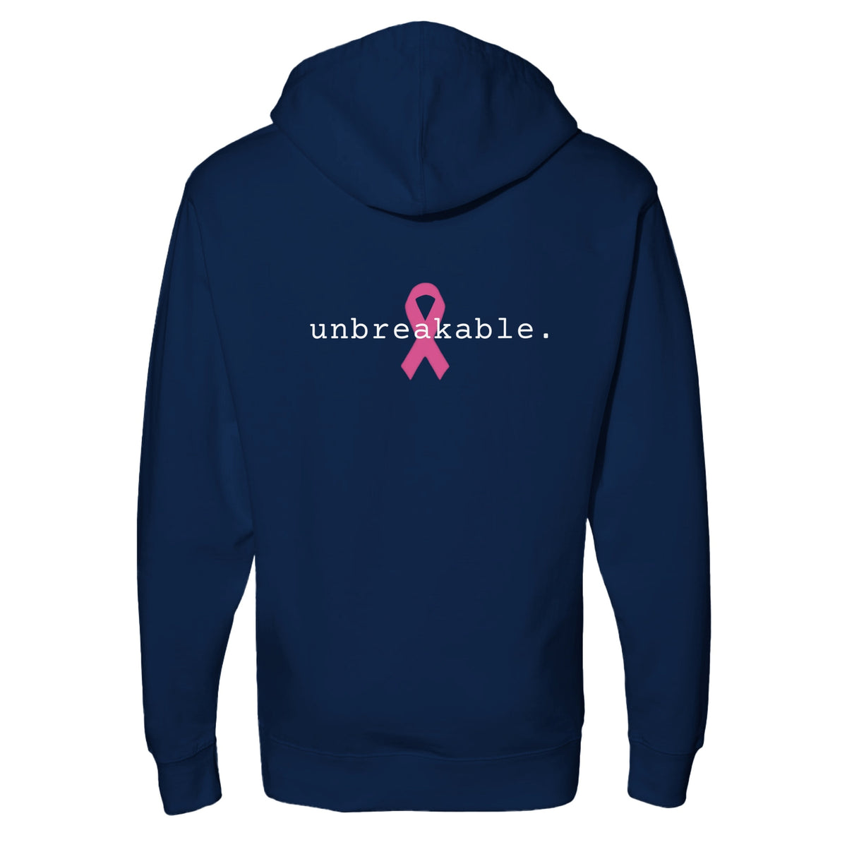 A classic navy blue hoodie shown from the back, featuring the word 'unbreakable.' in white text and a pink awareness ribbon graphic in the center.
