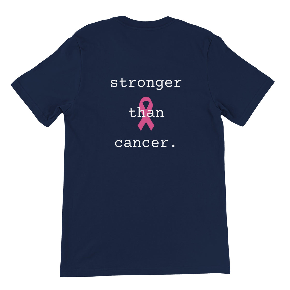 A navy short-sleeve t-shirt with a graphic on the front reading 'stronger than cancer.' in white text, featuring a pink awareness ribbon in the center, displayed on a solid white background.