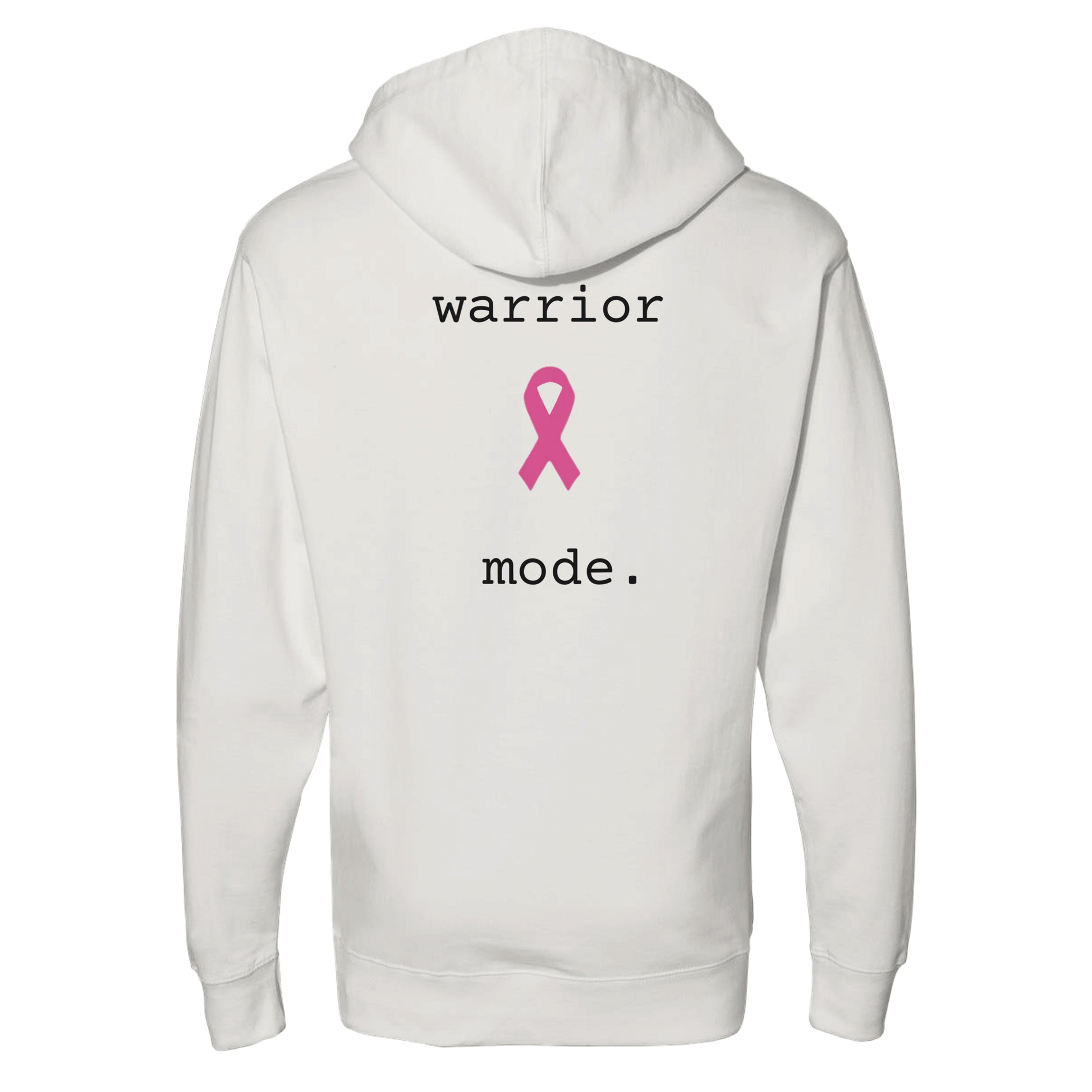 A bone pullover hoodie shown from the back, featuring the text 'warrior mode.' in black and a pink ribbon graphic in the center on a white background.