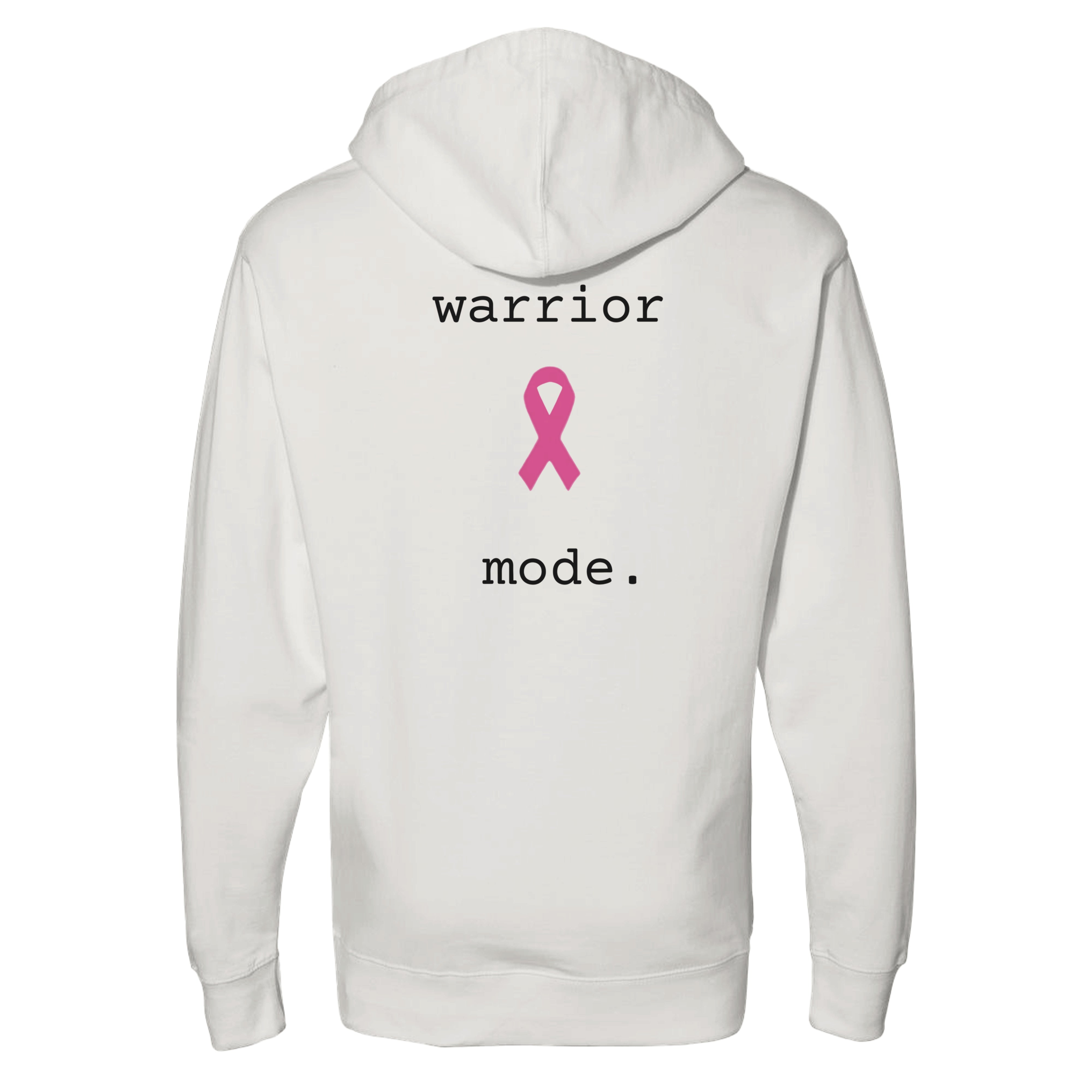 A bone pullover hoodie shown from the back, featuring the text 'warrior mode.' in black and a pink ribbon graphic in the center on a white background.