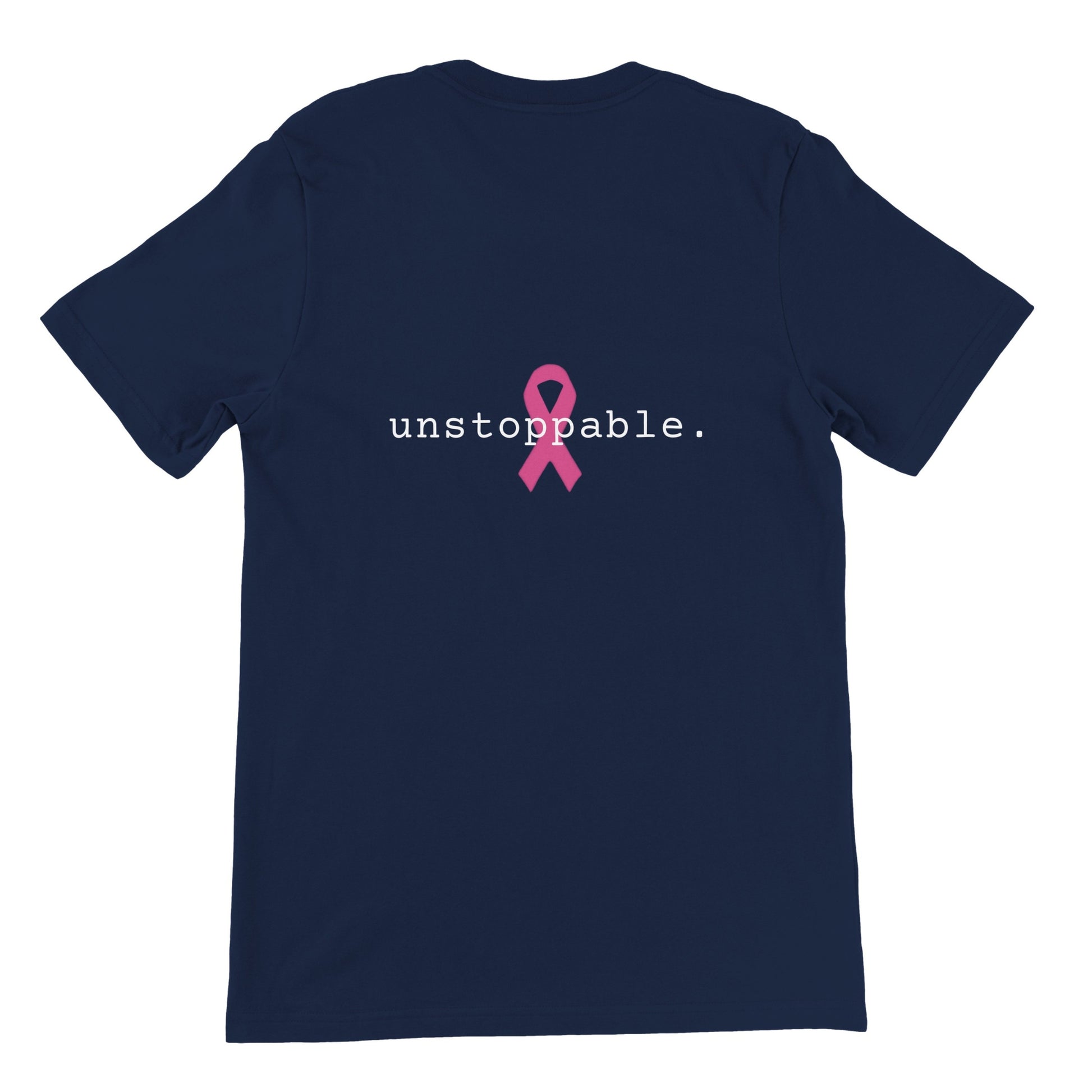 A navy blue short-sleeve t-shirt shown from the back, featuring the word 'unstoppable.' in white lowercase letters next to a pink awareness ribbon graphic.
