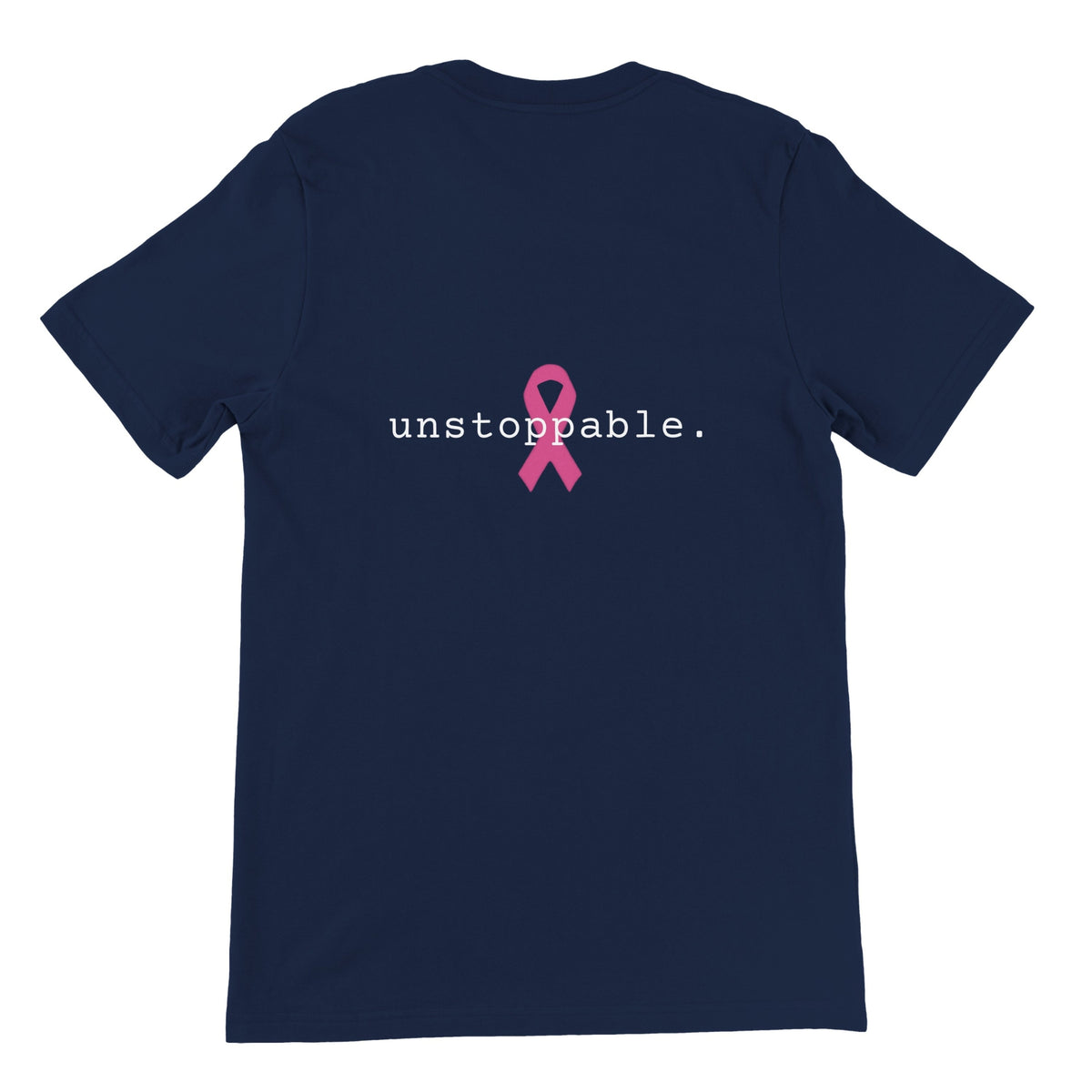 A navy blue short-sleeve t-shirt shown from the back, featuring the word 'unstoppable.' in white lowercase letters next to a pink awareness ribbon graphic.