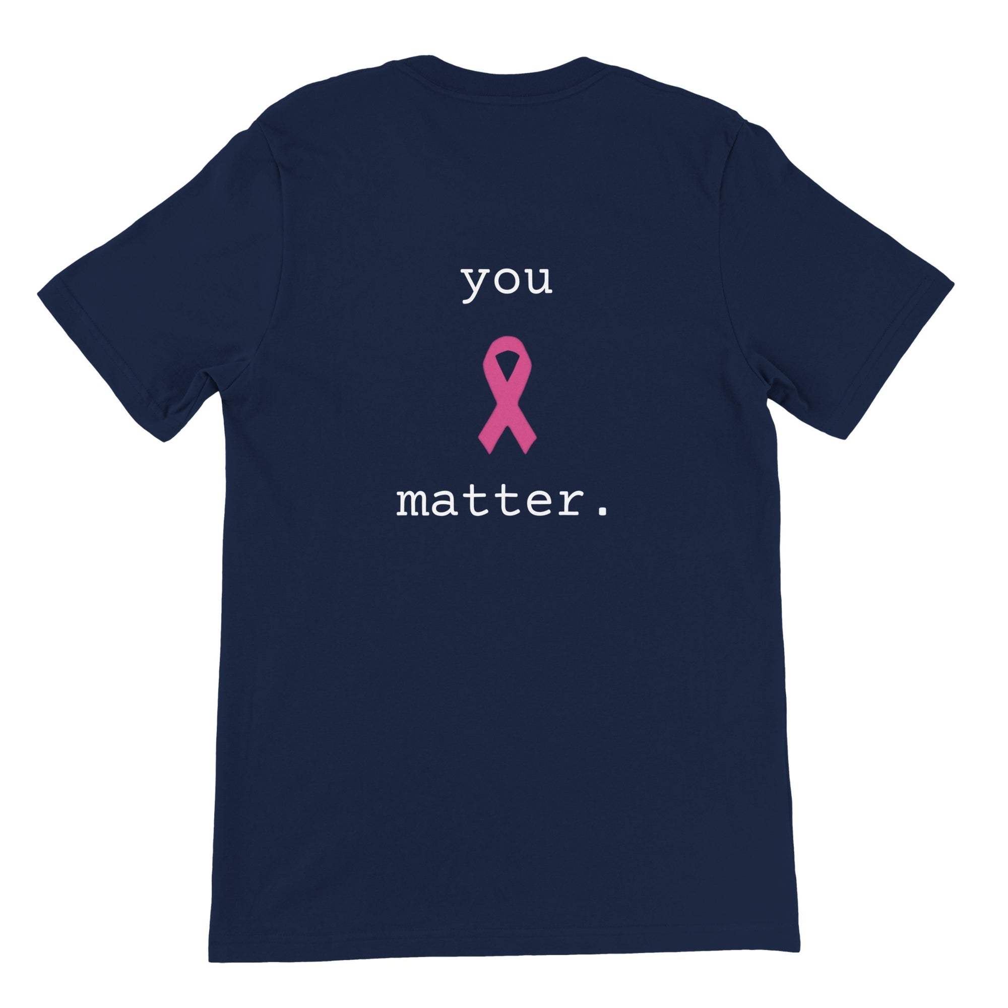 A navy blue short-sleeve t-shirt with a pink awareness ribbon and the text 'you matter.' printed on the front, shown against a plain white background.