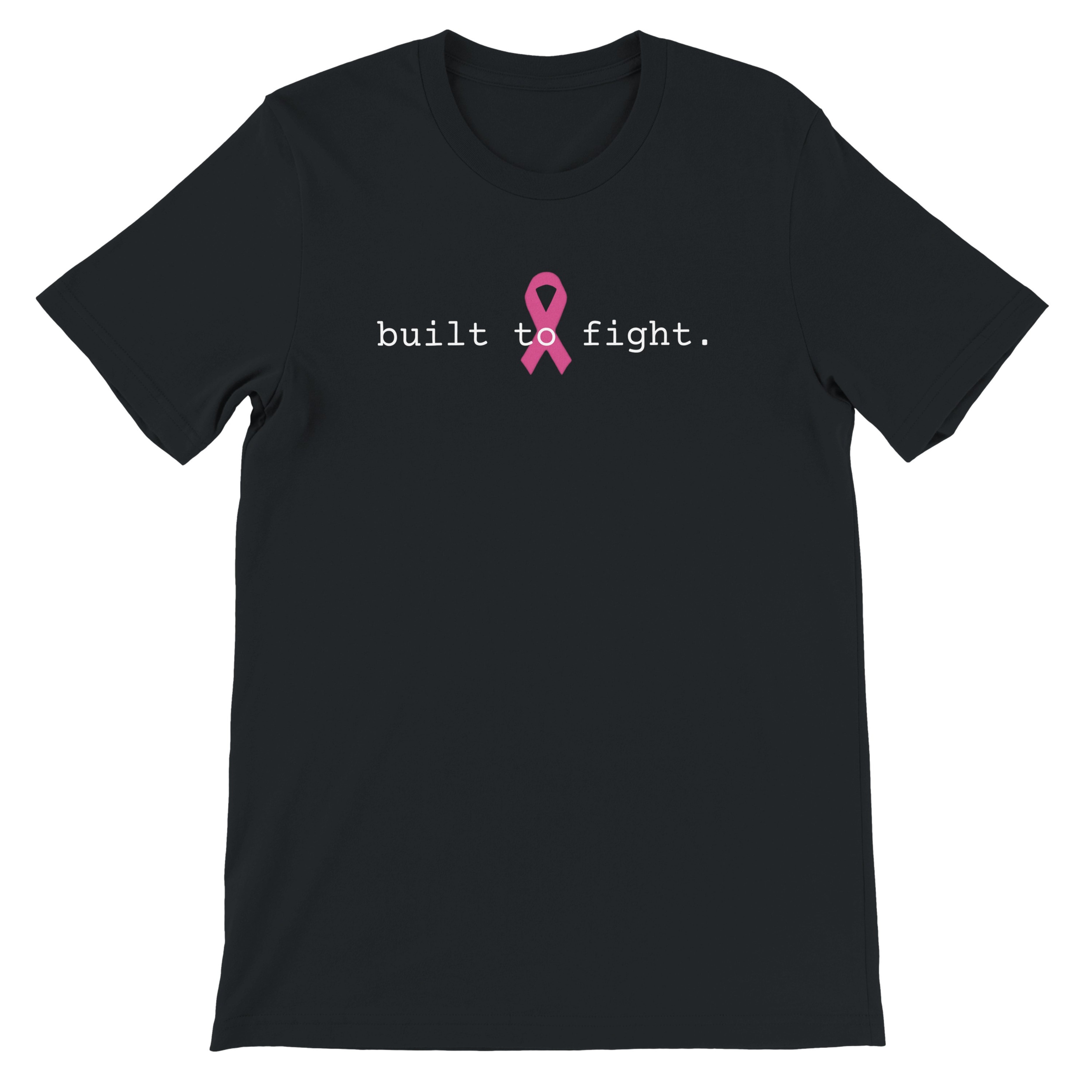 A black short-sleeve crewneck t-shirt with a pink ribbon graphic and the text 'built to fight.' printed on the chest, 