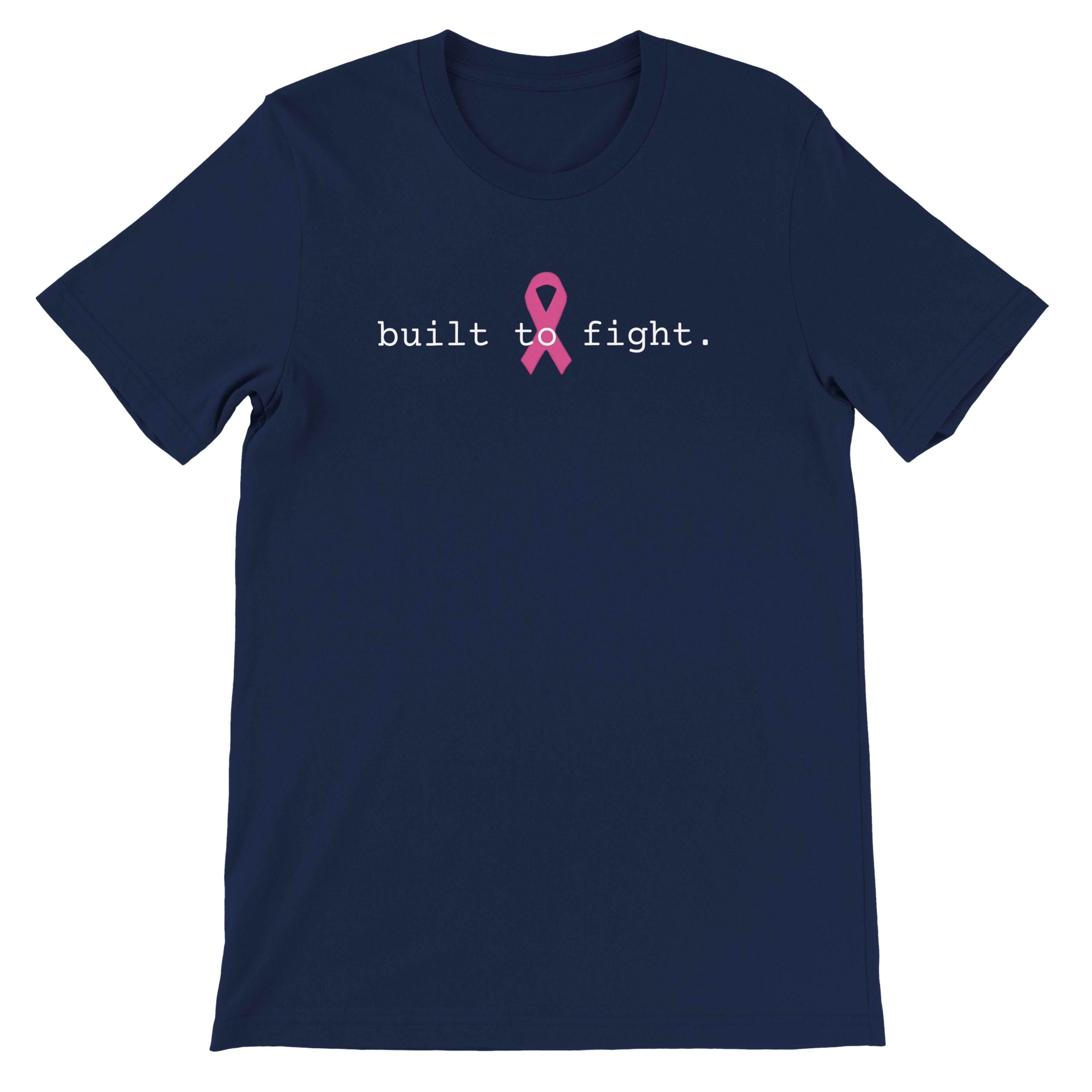 Black t-shirt with white text on a white background with a pink ribbon behind the letter 'o'