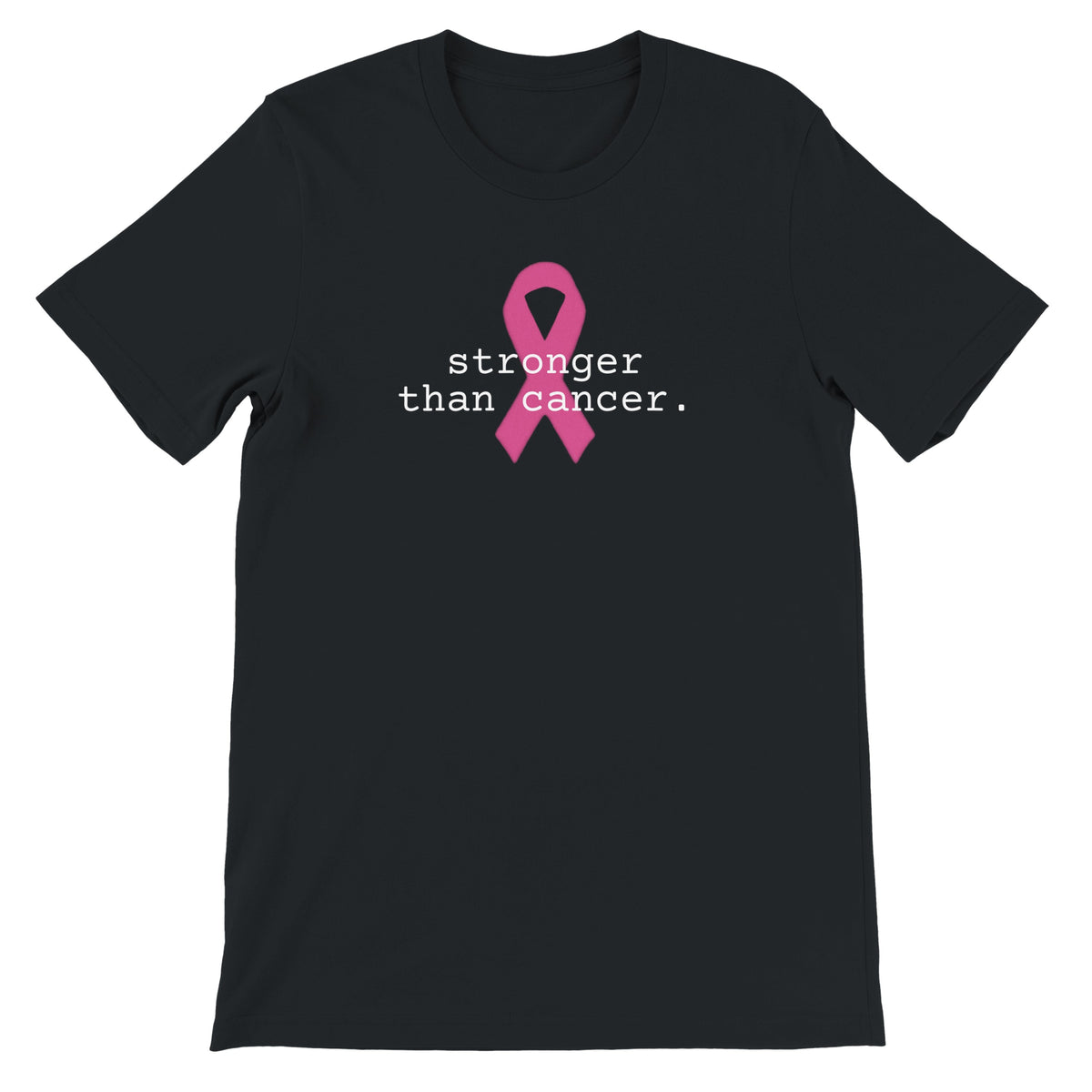 A black short-sleeve crewneck t-shirt featuring a pink awareness ribbon and the white text 'stronger than cancer.' printed on the chest, displayed against a solid white background.