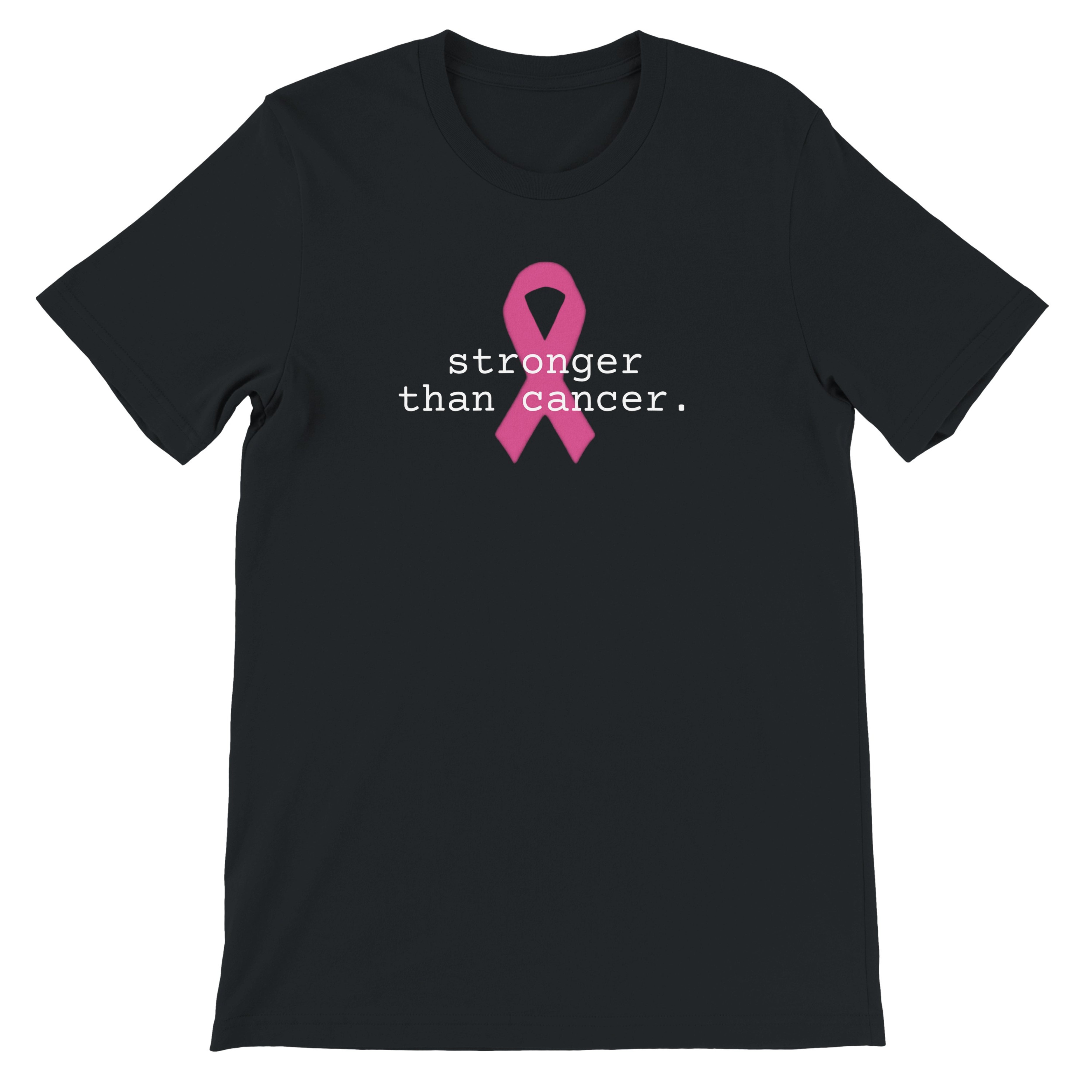 A black short-sleeve crewneck t-shirt featuring a pink awareness ribbon and the white text 'stronger than cancer.' printed on the chest, displayed against a solid white background.