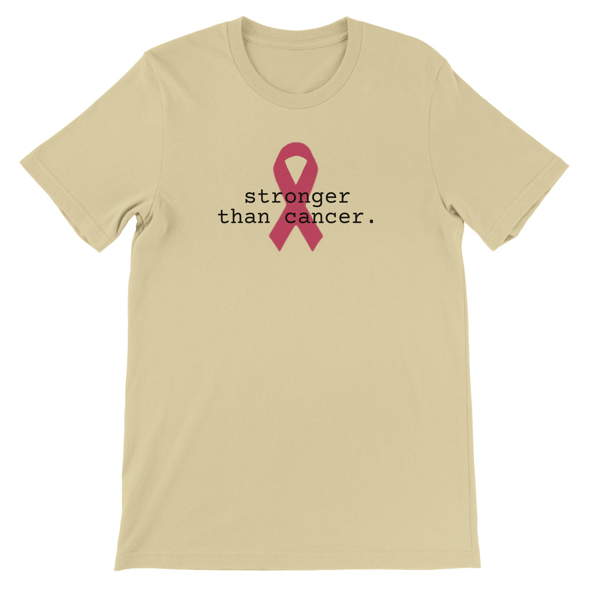A natural-colored short-sleeve crewneck t-shirt featuring a pink awareness ribbon graphic and the text 'stronger than cancer.' printed on the chest, displayed against a solid white background.
