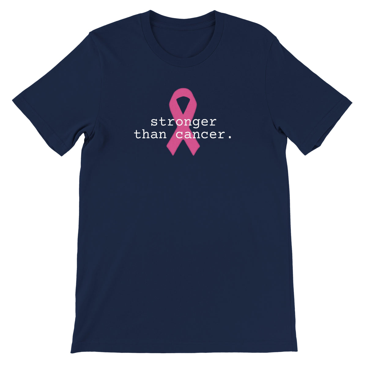 A navy blue short-sleeve crewneck t-shirt featuring a pink awareness ribbon and the white text 'stronger than cancer.' printed on the chest, displayed against a solid white background.
