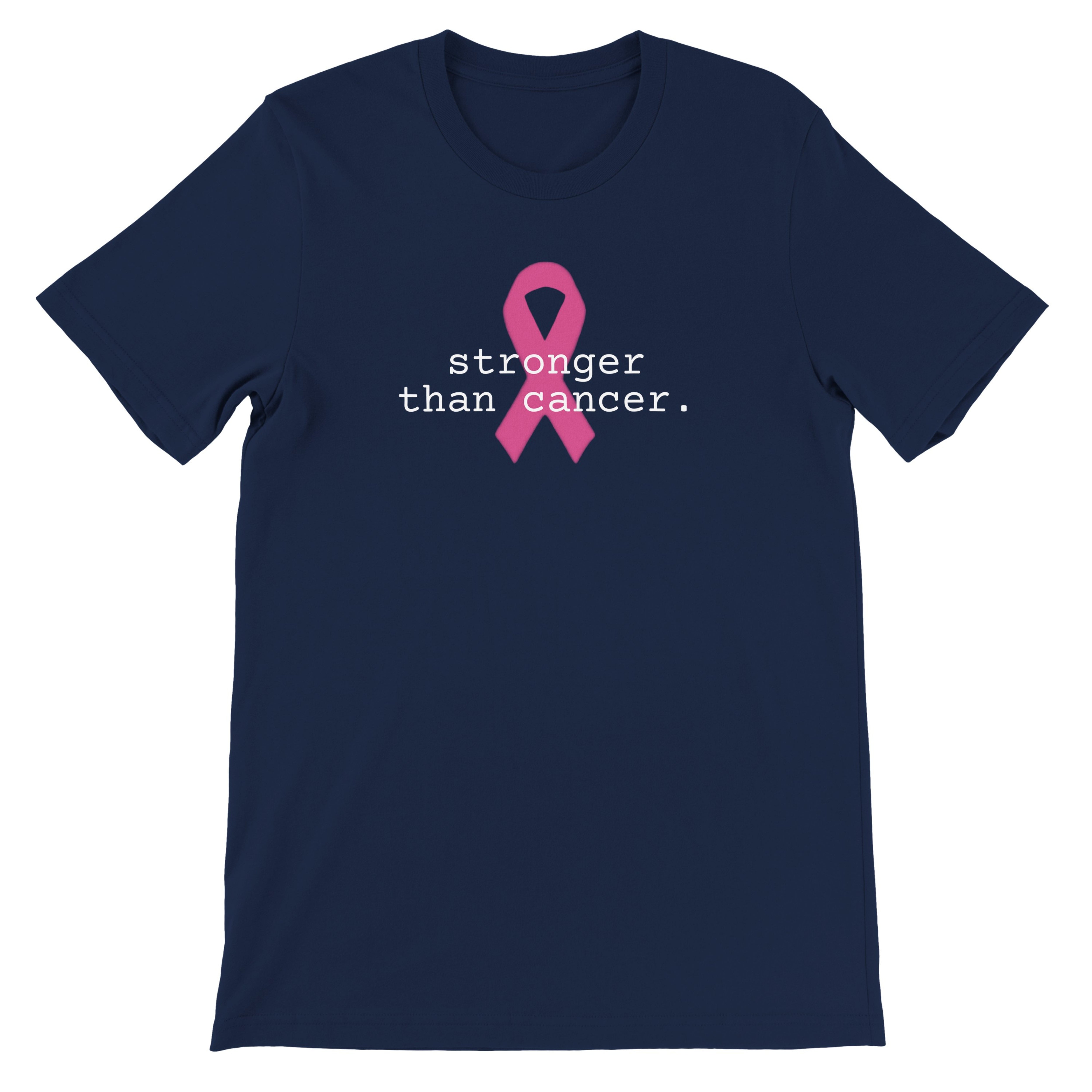 A navy blue short-sleeve crewneck t-shirt featuring a pink awareness ribbon and the white text 'stronger than cancer.' printed on the chest, displayed against a solid white background.