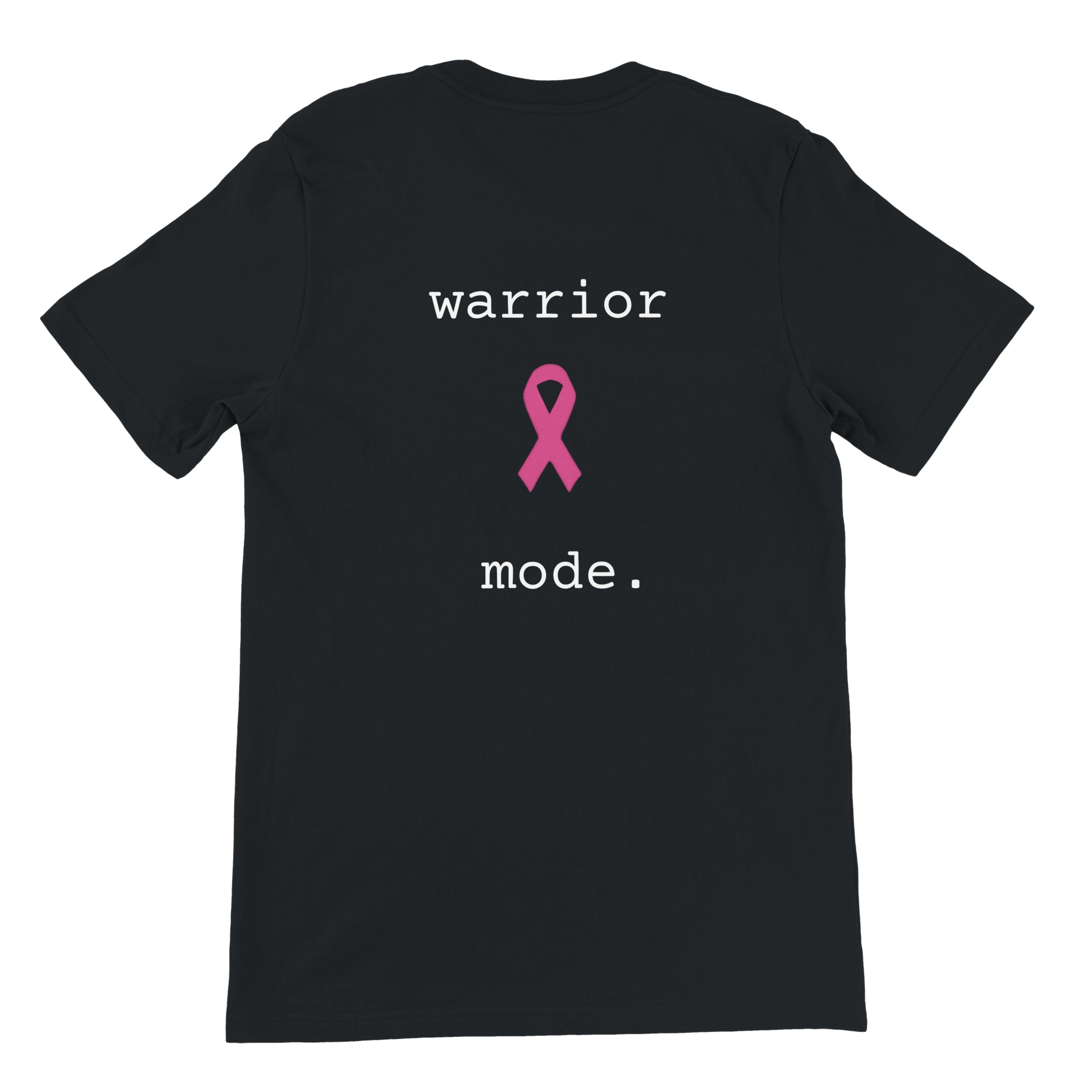 Black t-shirt with decorative text 'warrior mode.' and design on the back against a white background