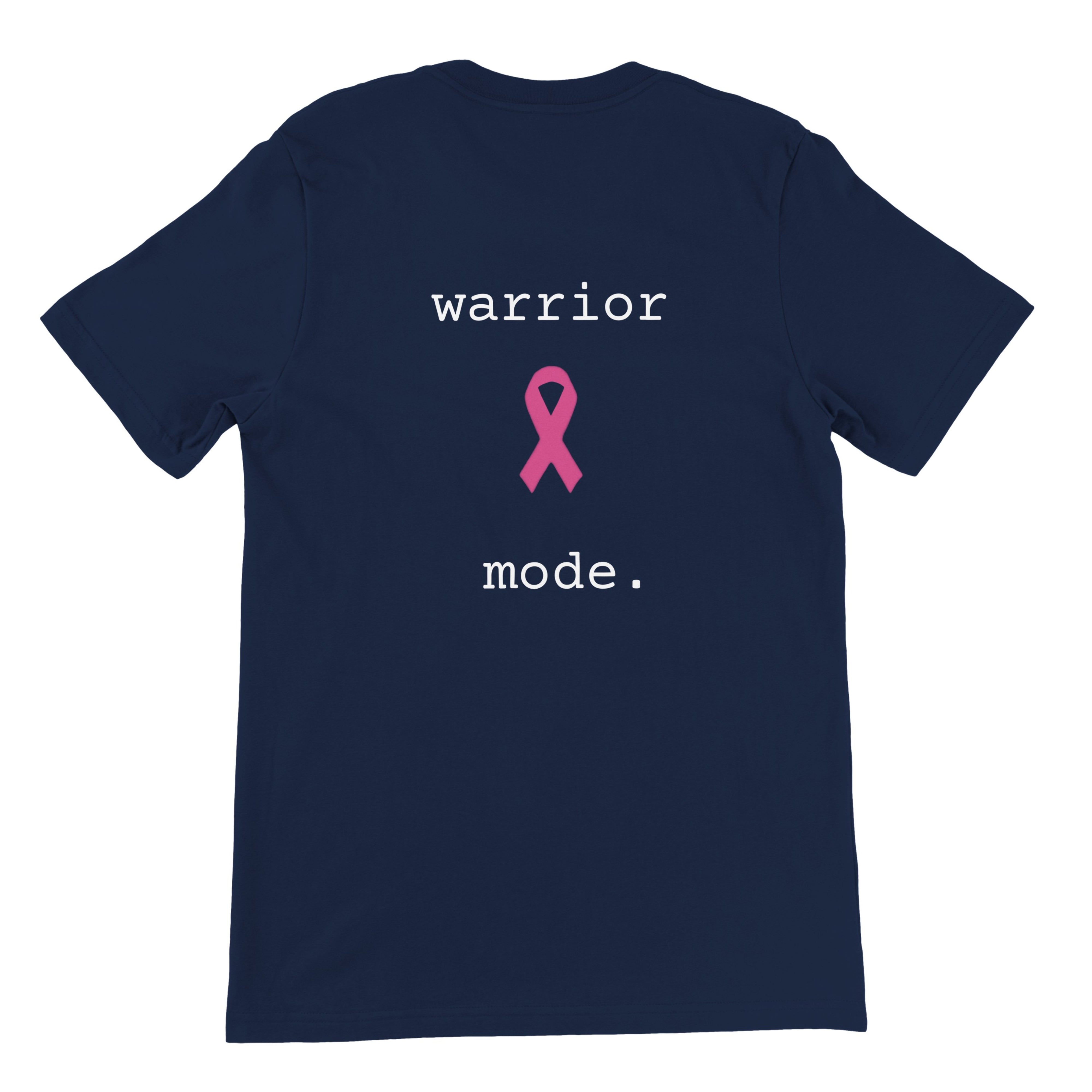 A navy blue short-sleeve t-shirt shown from the back, featuring a pink awareness ribbon graphic in the center, with the words 'warrior' above and 'mode.' below in a white typewriter font.