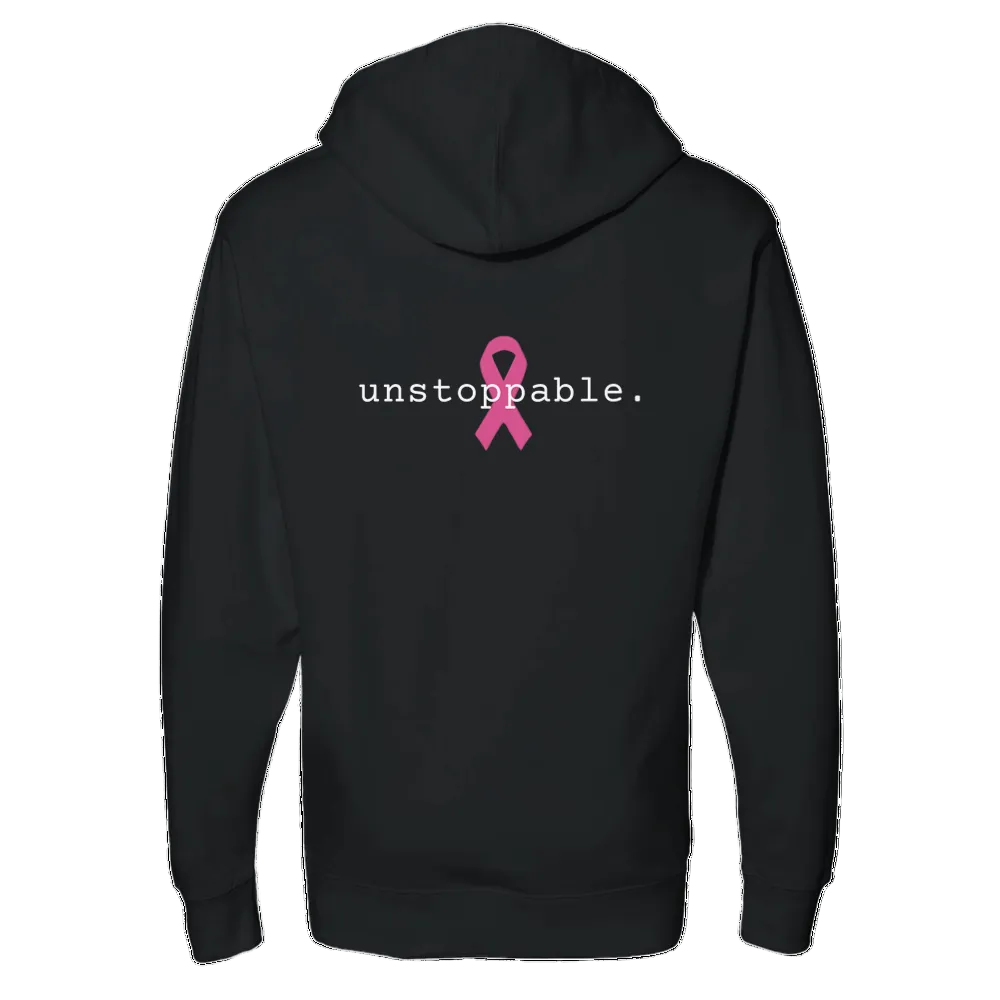 A black pullover hoodie shown from the back, featuring the word 'unstoppable.' in black text and a pink ribbon graphic printed in the center.