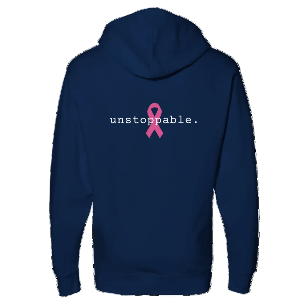 A classic navy pullover hoodie shown from the back, featuring the word 'unstoppable.' in black text and a pink ribbon graphic printed in the center with a white background