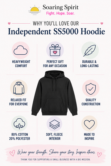 Promotional graphic for the Soaring Spirit Independent SS5000 Hoodie, featuring a black pullover hoodie centered on a light pink background with multiple feature callouts and text.